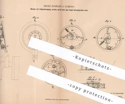 original Patent - Adolf Scheller , Coburg , 1886 , Bieruhr mit Zeigerbewegung | Bier - Uhr | Zapfanlage | Trinkgefäß