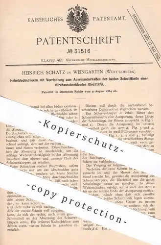 original Patent - Heinrich Schatz , Weingarten | 1884 | Hebelblechschere | Blechschere | Blech , Schere , Metall !!