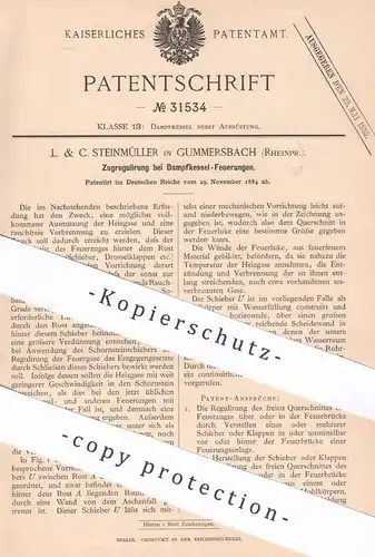 original Patent - L. & C. Steinmüller , Gummersbach , 1884 , Zugregulierung bei Dampfkessel - Feuerungen | Kessel , Ofen