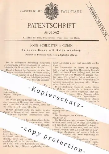 original Patent - Louis Schroeter , Guben , 1884 , Kolonnen - Darre mit Selbstwendung | Darren , Malz , Bier , Brauerei