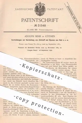 original Patent - Adolph Behr , Cöthen / Köthen | 1884 | Zellstoff und Glycose aus Holz | Papier | Papierfabrik , Pappe