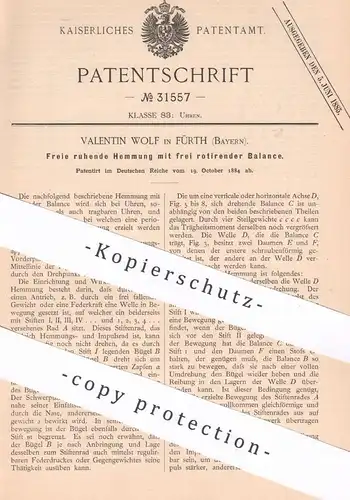 original Patent - Valentin Wolf , Fürth , 1884 , Freie ruhende Hemmung | Uhr , Uhren , Uhrwerk , Uhrmacher