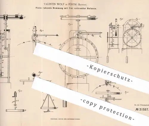 original Patent - Valentin Wolf , Fürth , 1884 , Freie ruhende Hemmung | Uhr , Uhren , Uhrwerk , Uhrmacher