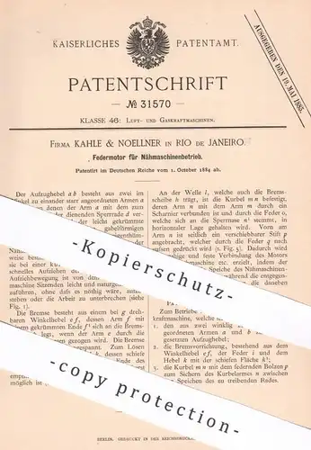 original Patent - Kahle & Noellner , Rio de Janeiro , Brasilien , 1884 , Federmotor für Nähmaschinen | Motor , Motoren