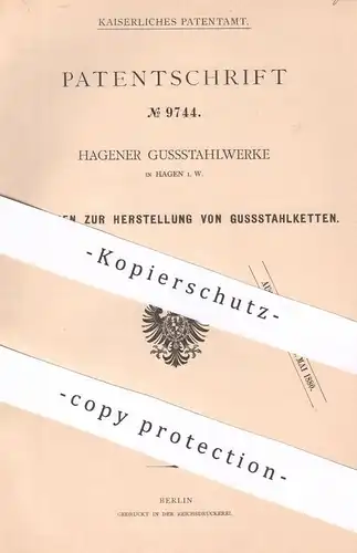 original Patent - Hagener Gussstahlwerke , Hagen / Westfalen , 1879 , Gussstahlketten | Guss - Stahl - Ketten | Eisen !!
