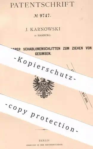 original Patent - J. Karnowski , Hamburg , 1879 , Schablonenschlitten für Haus - Sims , Fassade | Bau , Hochbau !!