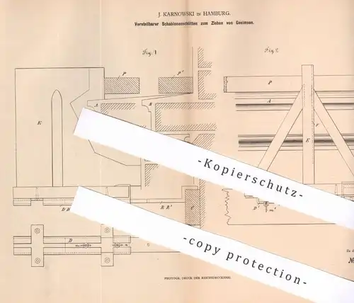 original Patent - J. Karnowski , Hamburg , 1879 , Schablonenschlitten für Haus - Sims , Fassade | Bau , Hochbau !!