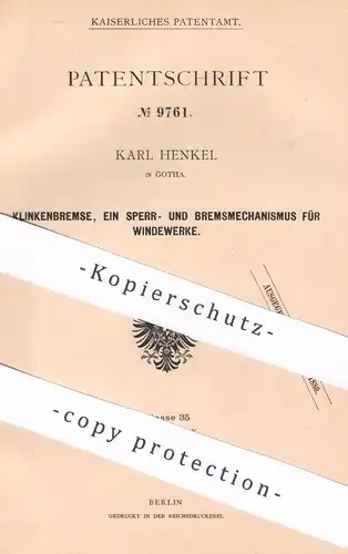 original Patent - Karl Henkel , Gotha , 1879 , Klinkenbremse für Windewerke | Winde , Seilwinde , Bremse , Hebezug !!!