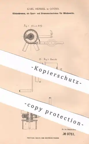 original Patent - Karl Henkel , Gotha , 1879 , Klinkenbremse für Windewerke | Winde , Seilwinde , Bremse , Hebezug !!!