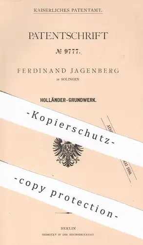 original Patent - Ferdinand Jagenberg , Solingen | Holländer - Grundwerk | Papier , Papierfabrik , Pappe , Cellulose !!