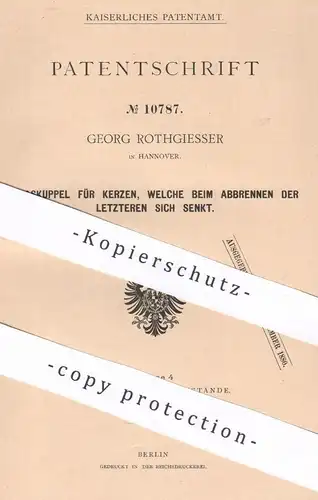 original Patent - Georg Rothgiesser , Hannover , 1880 , Glaskuppel für Kerzen | Kerze , Glas , Lampe , Kerzenständer !!