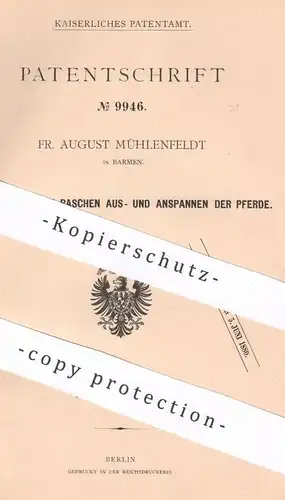 original Patent - Fr. August Mühlenfeldt , Barmen  1879 ,  Aus- & Anspannen der Pferde | Pferd , Pferdegeschirr , Kummet