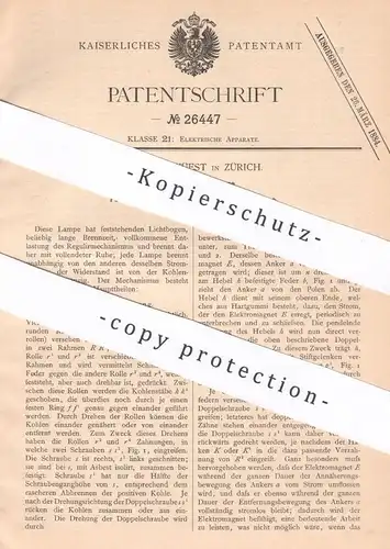 original Patent - Conrad Wüest , Zürich , Schweiz , 1883 , Elektrische Bogenlampe | Lampe , Elektriker , Strom , Licht !