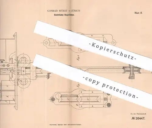 original Patent - Conrad Wüest , Zürich , Schweiz , 1883 , Elektrische Bogenlampe | Lampe , Elektriker , Strom , Licht !