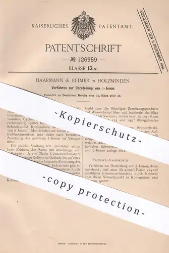 original Patent - Haarmann & Reimer , Holzminden | 1898 | Darstellung von ß-Jonon | Kohlensäure , Säure | Chemie