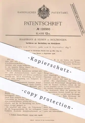 original Patent - Haarmann & Reimer , Holzminden , 1899 , Darstellung von Acetyljonon | Schwefelsäure , Säure , Chemie