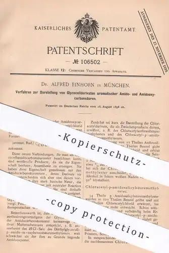 original Patent - Dr. Alfred Einhorn , München , 1898 , Glycocollderivat | Amidocarbonsäure | Säure | Chemie
