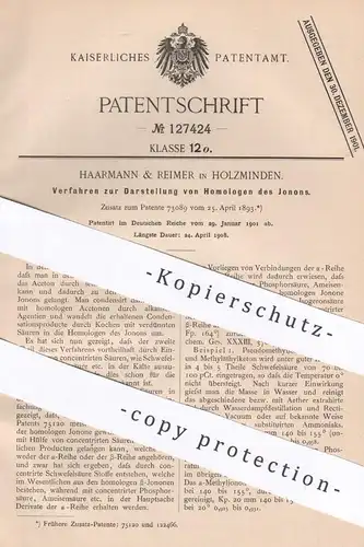 original Patent - Haarmann & Reimer , Holzminden , 1892 , Darstellung v. Homologen des Jonons | Chemie !!
