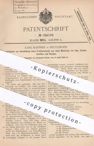 original Patent - Carl Haffner , Reutlingen , 1906 , Trockenstuck aus Gips , Kreide , Gelatine u. Wasser | Stuck , Holz