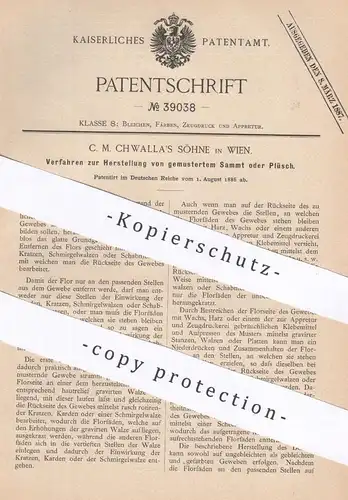 original Patent - C. M. Chwalla's Söhne , Wien , Österreich , 1886 , Samt oder Plüsch mit Muster | Stoff , Gewebe , Flor