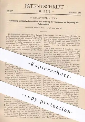 original Patent - B. Lindenthal , Wien , Österreich , 1880 , Knäulwickelmaschinen | Garn , Faden , Nähen | Lindenthal