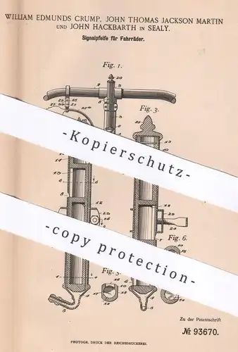 original Patent - William Edmunds Crump , John Thomas Jackson Martin , John Hackbarth | Sealy | 1896 | Pfeife am Fahrrad