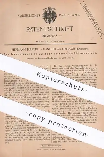 original Patent - Hermann Hartig , Kändler / Limbach , 1886 , Zylinder - Kettenstich - Nähmaschinen | Nähmaschine