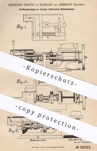 original Patent - Hermann Hartig , Kändler / Limbach , 1886 , Zylinder - Kettenstich - Nähmaschinen | Nähmaschine