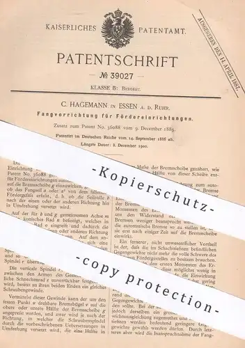 original Patent - C. Hagemann , Essen / Ruhr , 1886 , Fangvorrichtung für Fördereinrichtung | Bergbau , Bergwerk !!!