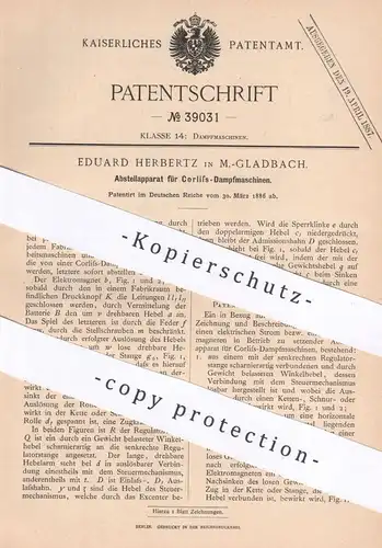 original Patent - Eduard Herbertz , Mönchengladbach , 1886 , Abstellapparat für Corliss - Dampfmaschinen | Dampfmaschine