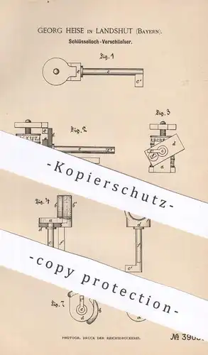 original Patent - Georg Heise , Landshut , Bayern , 1886 , Schlüsselloch Verschließer | Schlüssel , Türschloss , Schloss