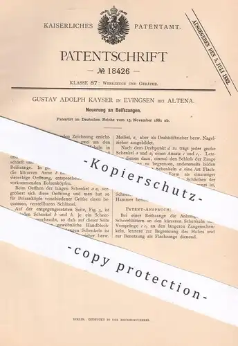 original Patent - Gustav Adolph Kayser , Evingsen / Altena  , 1881 , Beißzangen | Kneifzange , Zange , Zangen , Werkzeug