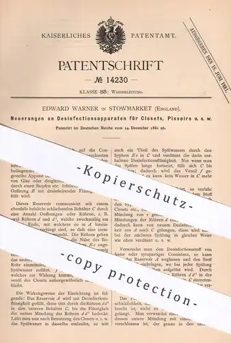 original Patent - Edward Warner , Stowmarket , England , 1880 , Desinfektion für Closet , Pissoir , WC , Toilette !!