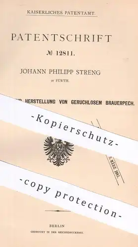 original Patent - Johann Philipp Streng , Fürth 1880 , geruchloser Brauerpech | Pech , Öl , Farbe , Lack , Chemie , Harz