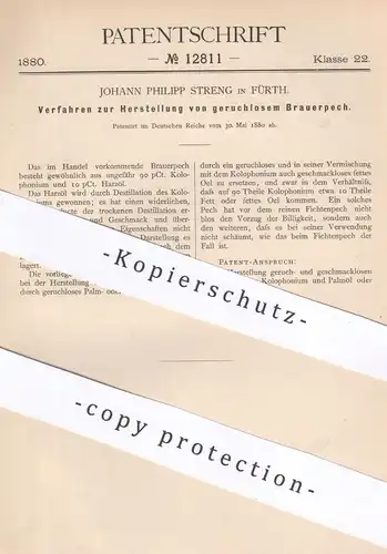 original Patent - Johann Philipp Streng , Fürth 1880 , geruchloser Brauerpech | Pech , Öl , Farbe , Lack , Chemie , Harz