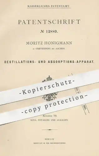 original Patent - Moritz Honigmann , Grevenberg / Aachen , 1880 , Apparat zur Destillation u. Absorption | Gas , Gase