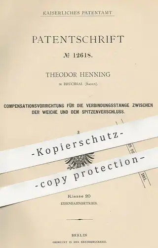 original Patent - Theodor Henning , Bruchsal / Baden , 1880 , Weiche , Weichen | Eisenbahn , Eisenbahnen , Bahn !!!