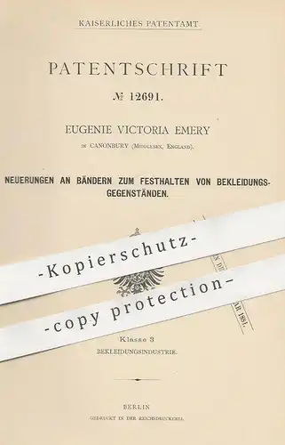 original Patent - Eugenie Victoria Emery , Canonbury Middlesex , England , 1880 , Band , Strumpfband | Schneider , Mode