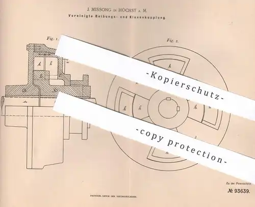 original Patent - J. Missong , Höchst / Main , 1896 , Reibungskupplung , Klauenkupplung | Kupplung | Hildebrandt !!