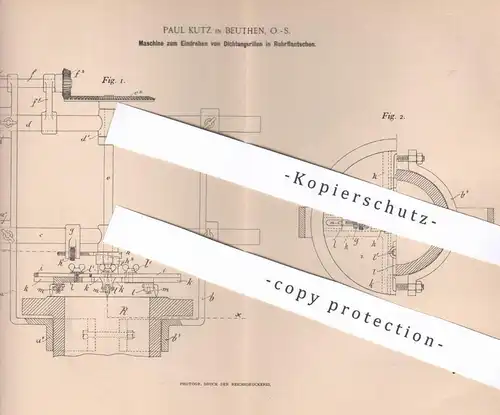 original Patent - Paul Kutz , Beuthen , O.-S. , 1896 , Maschine zum Eindrehen von Dichtungsrillen in Rohrflantschen !!