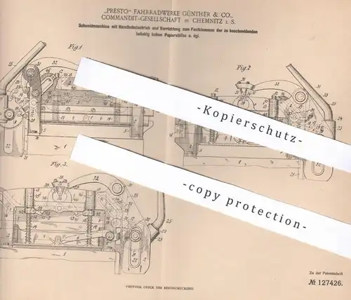 original Patent - Presto Fahrradwerke Günther & Co. KG , Chemnitz , 1900 , Papier - Schneidmaschine mit Handhebel !!