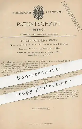 original Patent - Richard Hohlfeld , Siegen , 1886 , Wasserröhrenkessel mit stehenden Röhren | Kessel , Dampfkessel