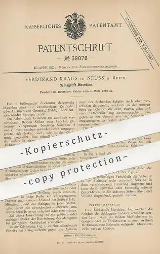 original Patent - Ferdinand Kraus , Neuss / Rhein , 1886 , Schlagstift - Maschine | Mühle , Mühlen , Getreide , Mahlgut