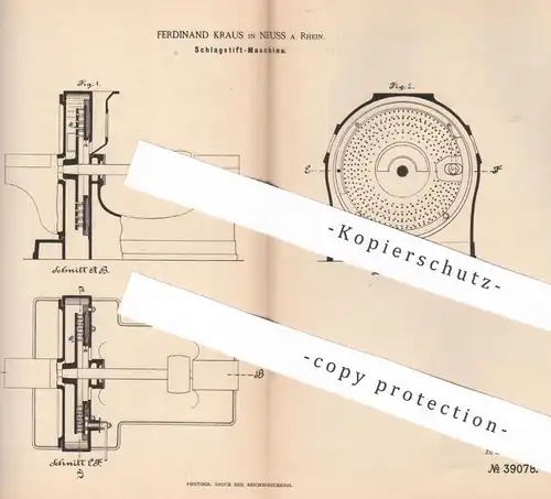 original Patent - Ferdinand Kraus , Neuss / Rhein , 1886 , Schlagstift - Maschine | Mühle , Mühlen , Getreide , Mahlgut