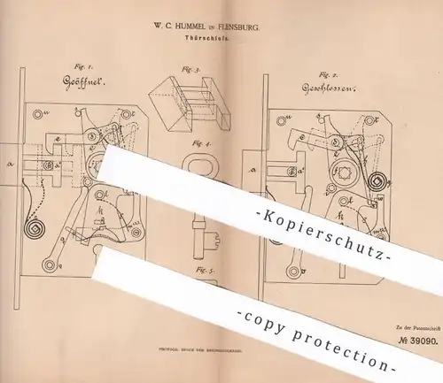 original Patent - W. C. Hummel , Flensburg , 1886 , Türschloss | Schloss , Tür , Türen | Schlosser , Schloß