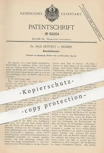 original Patent - Dr. Max Seyffert , Bremen , 1894 , Notenblattwender | Notenblatt , Noten , Notenpult , Musik !!!