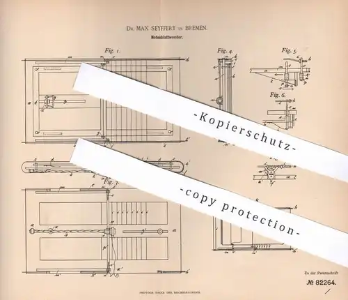 original Patent - Dr. Max Seyffert , Bremen , 1894 , Notenblattwender | Notenblatt , Noten , Notenpult , Musik !!!