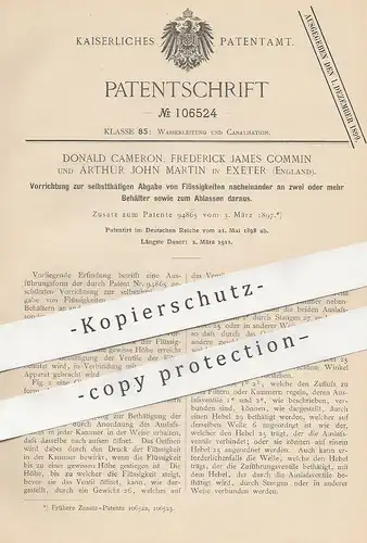 original Patent - Donald Cameron , Frederick James Commin , Arthur John  Martin , Exeter England | 1898 | Wasserleitung