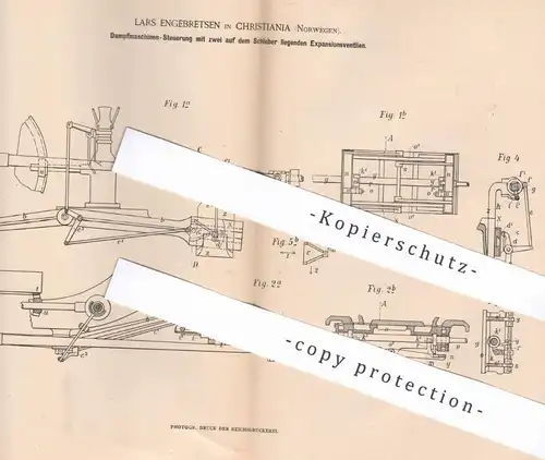 original Patent - Lars Engebretsen , Christiania , Norwegen 1884 | Dampfmaschinen Steuerung | Motor , Motoren , Gasmotor
