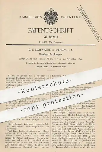 original Patent - C. E. Schwalbe , Werdau , 1893 , Vliesleger für Krempeln | Krempel , Spinnmaschine , Spinnrad , Flor !